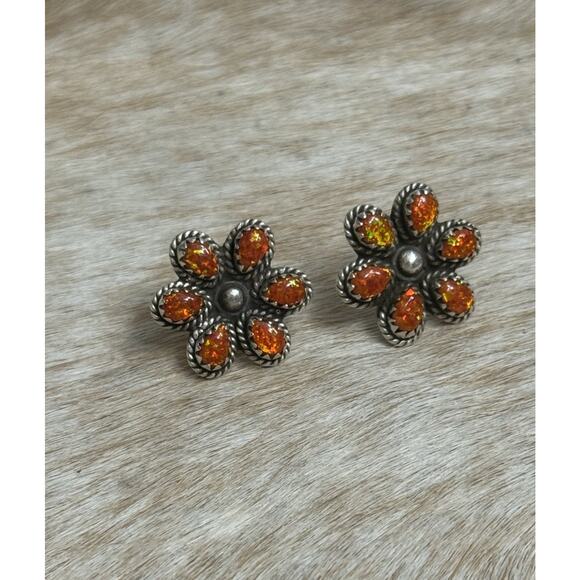 Native American Sterling Silver Orange Opal Flower Cluster Post Stud Earrings - Picture 9 of 13